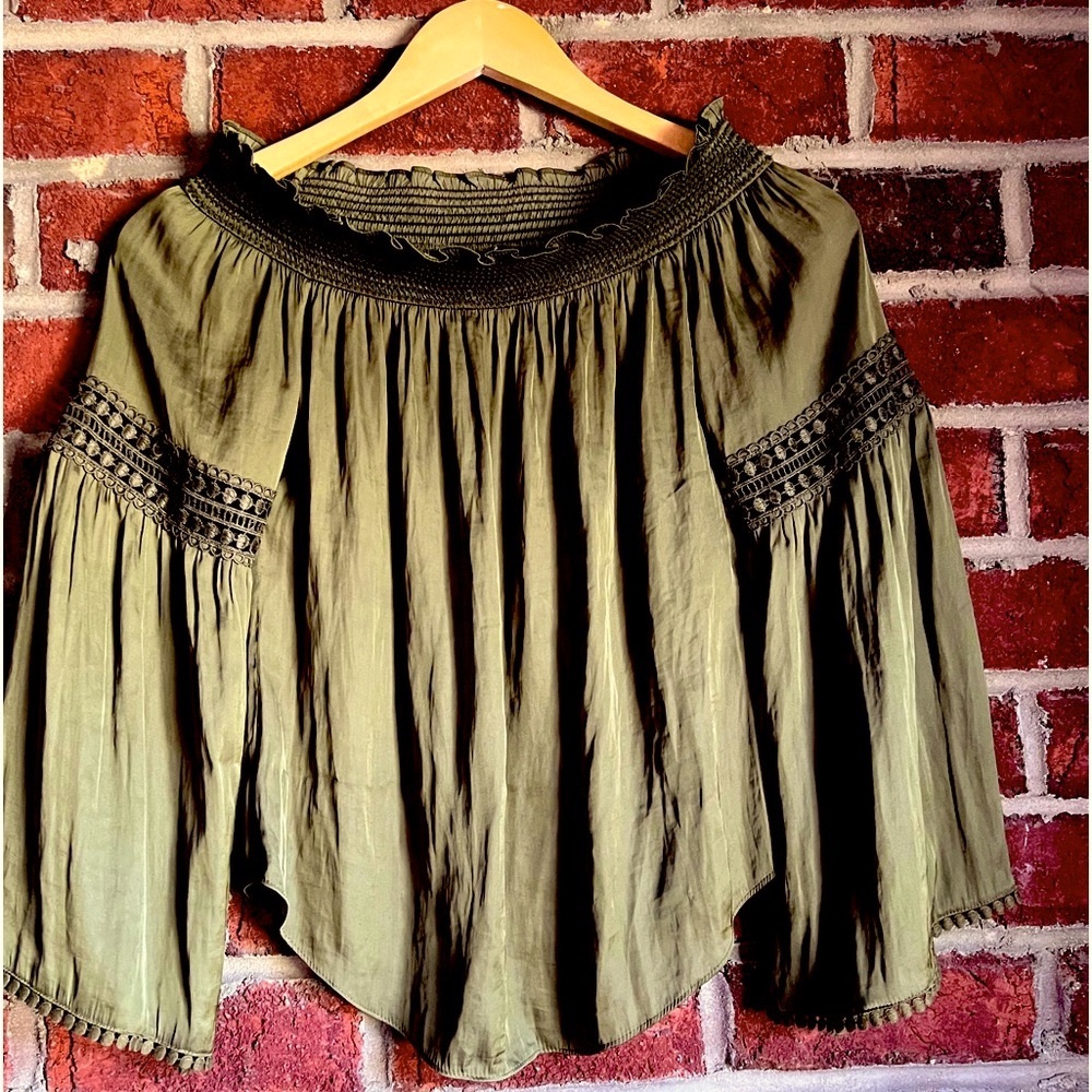 White House Black Market olive green silk blouse